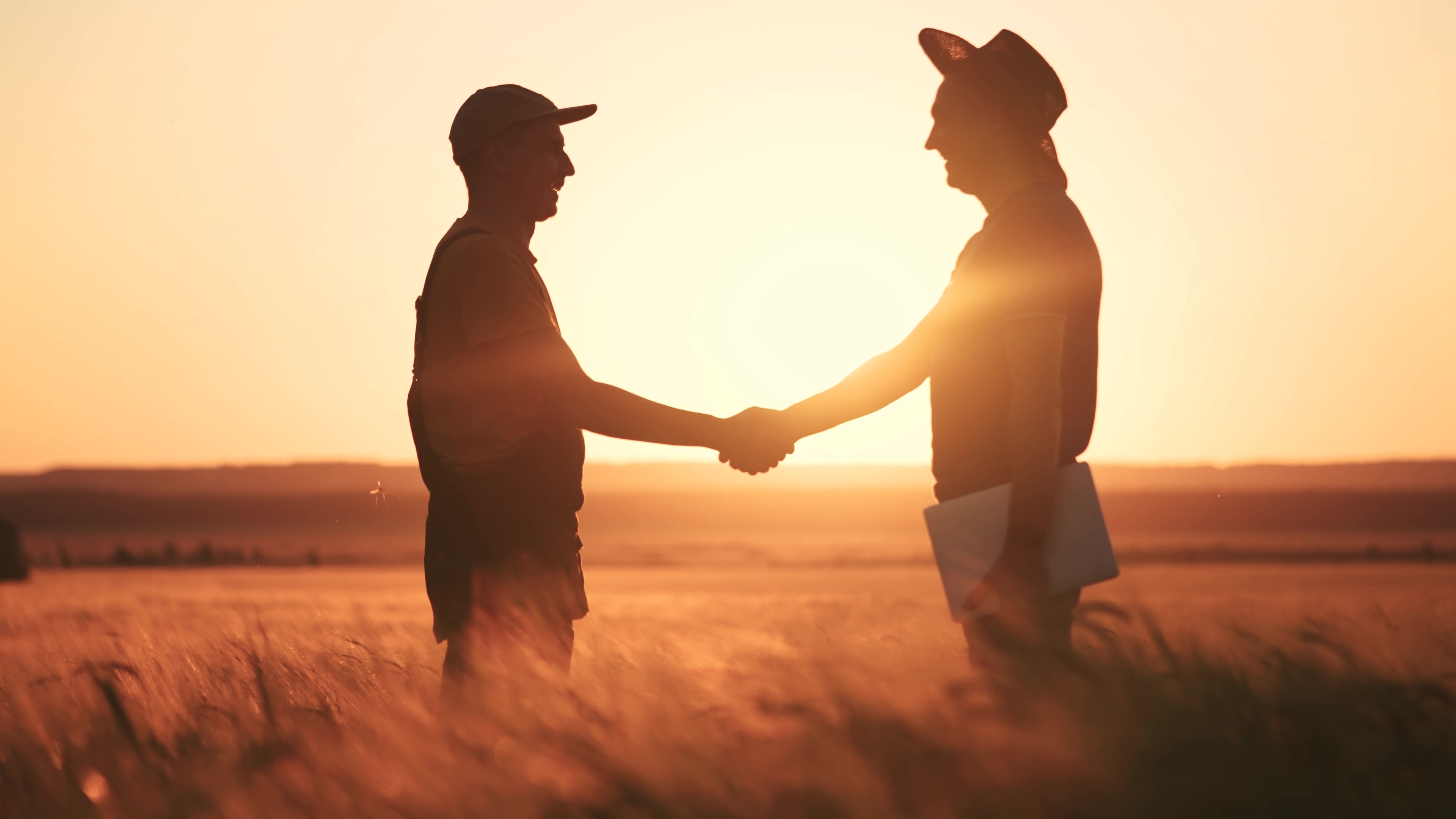 Two farmers shaking hands under the setting sun