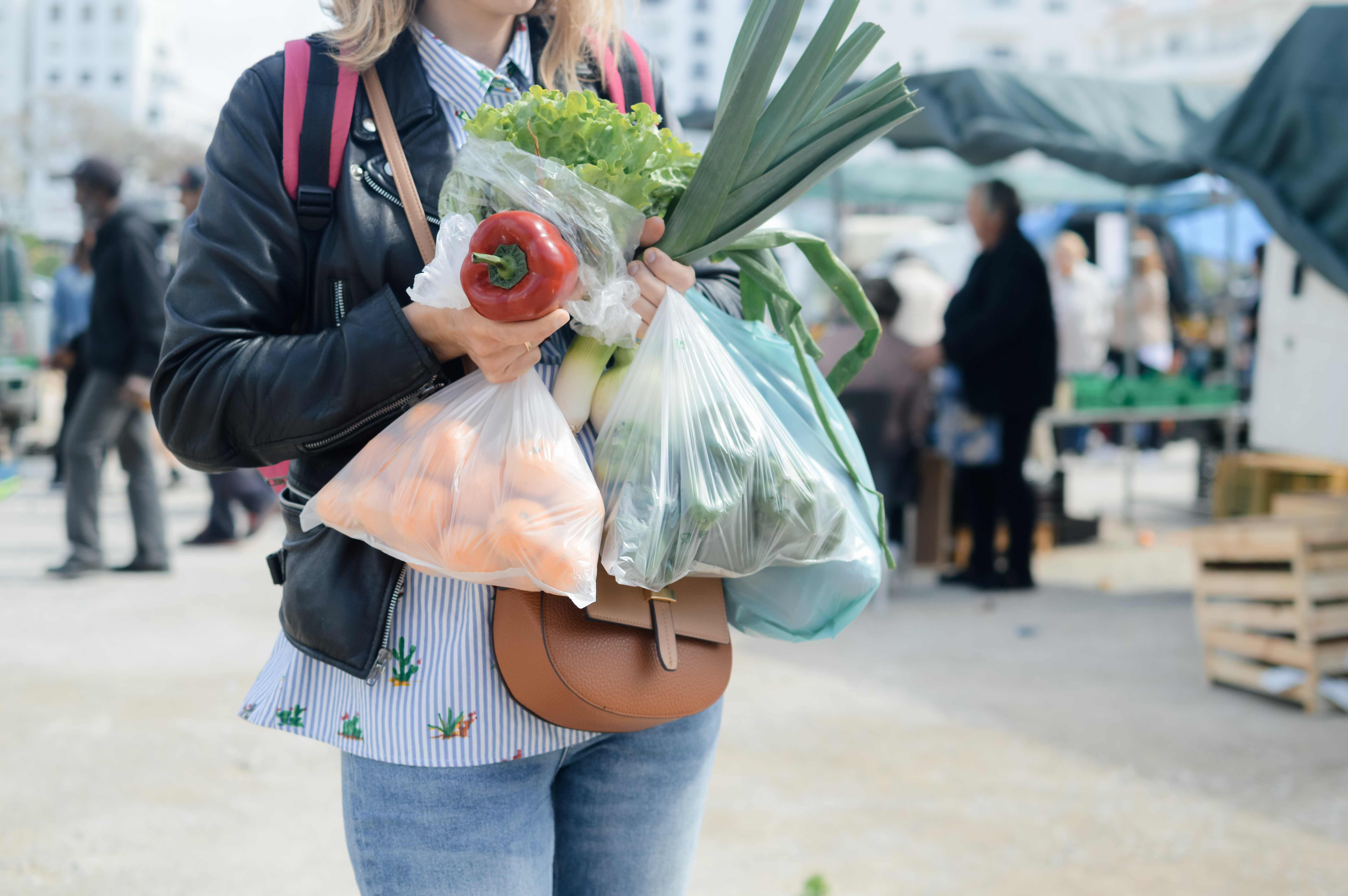 Plastic bags with fruit and vegetables