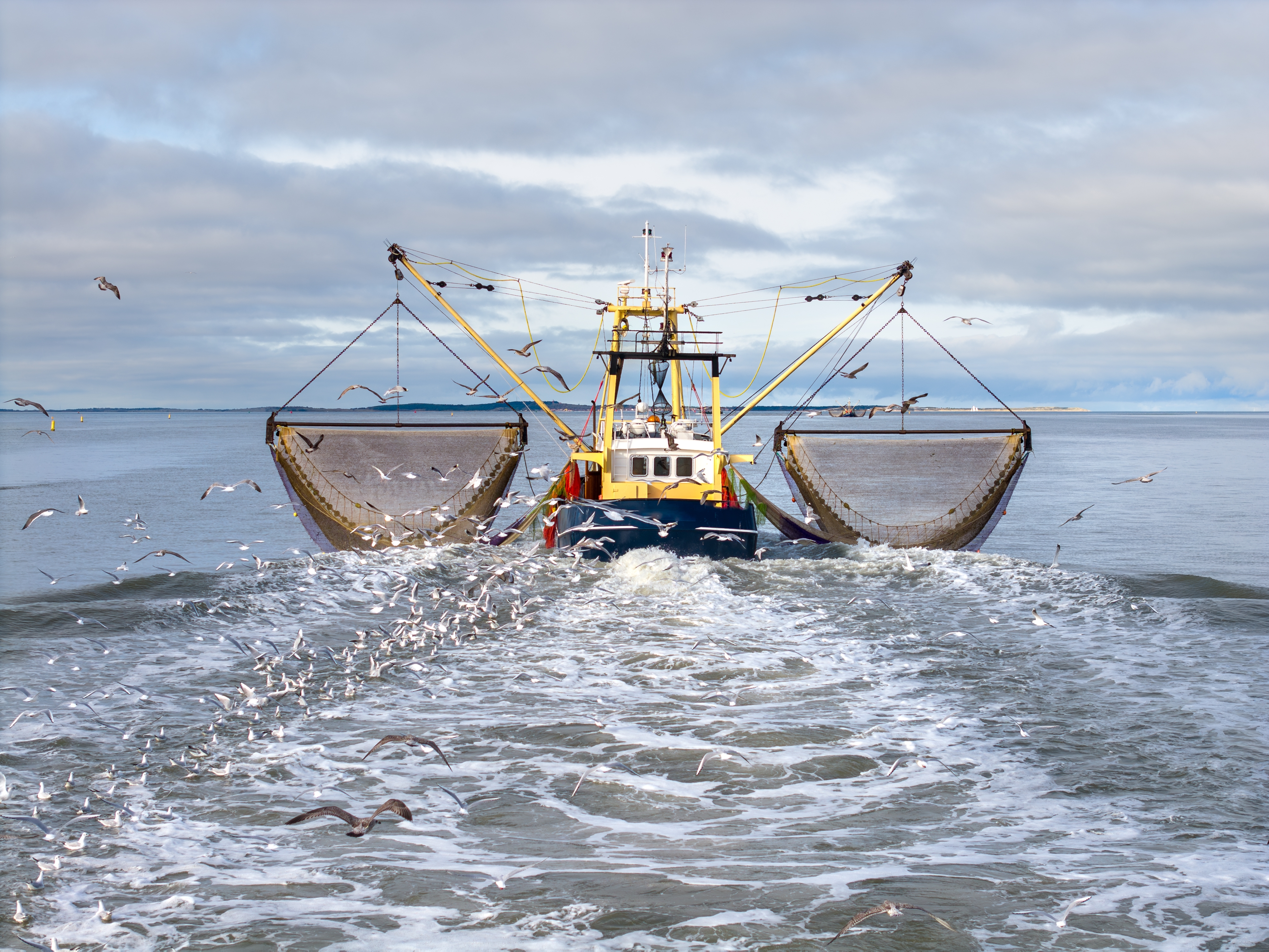 Trawler boat fishing at sea.
