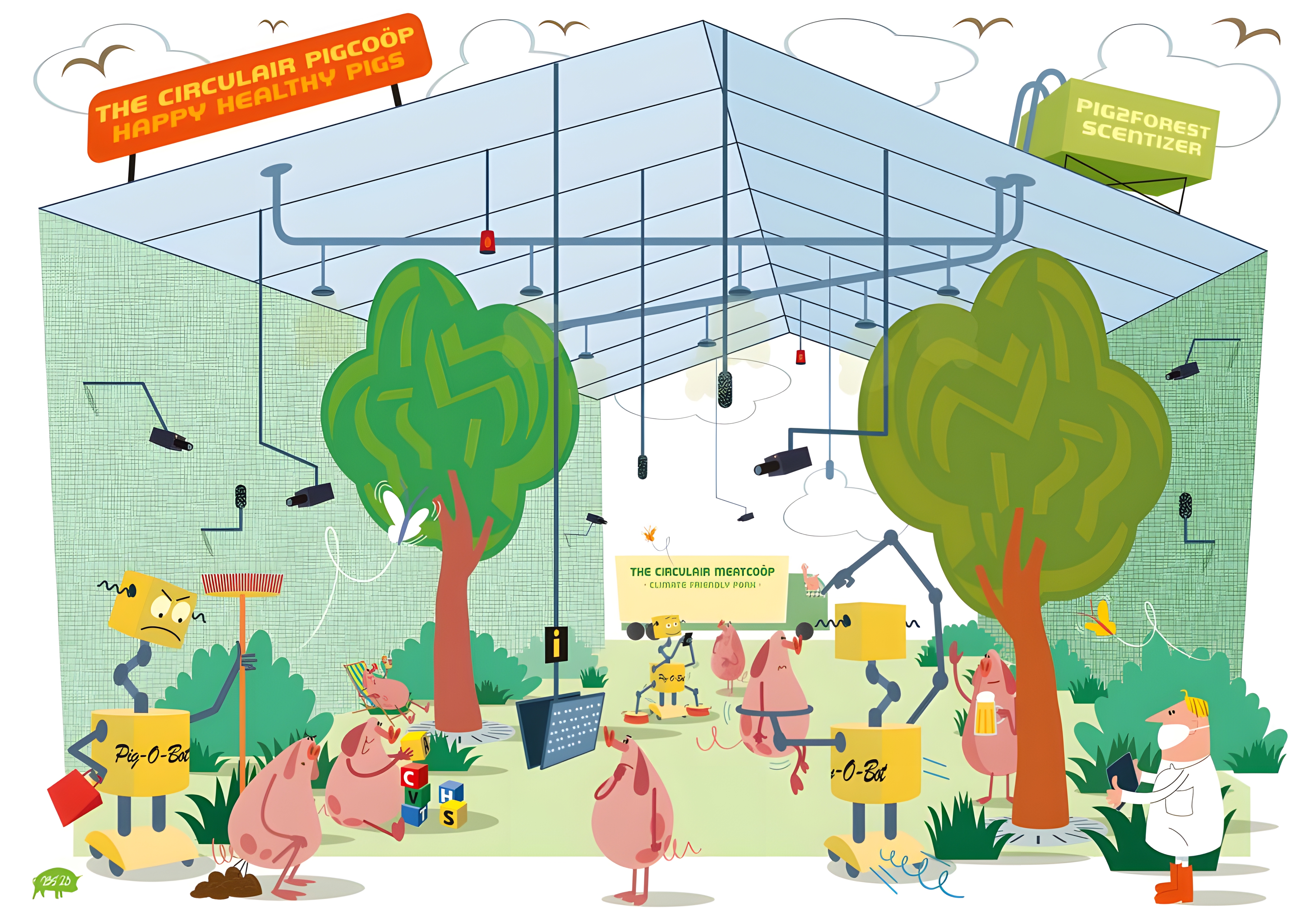 Kleurrijke cartoon van een circulaire varkenshouderij