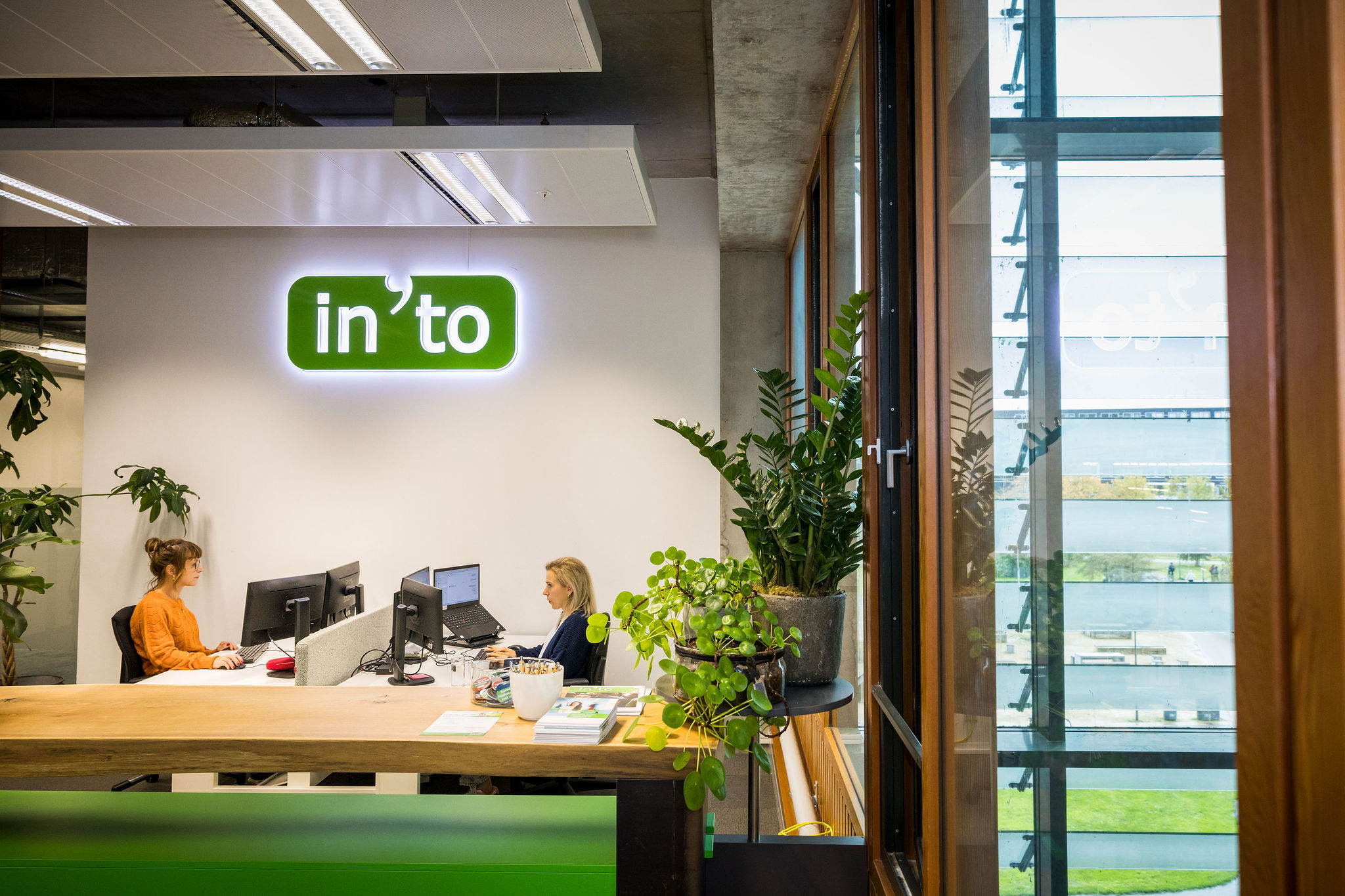 Twee medewerkers van In'to languages werken op kantoor