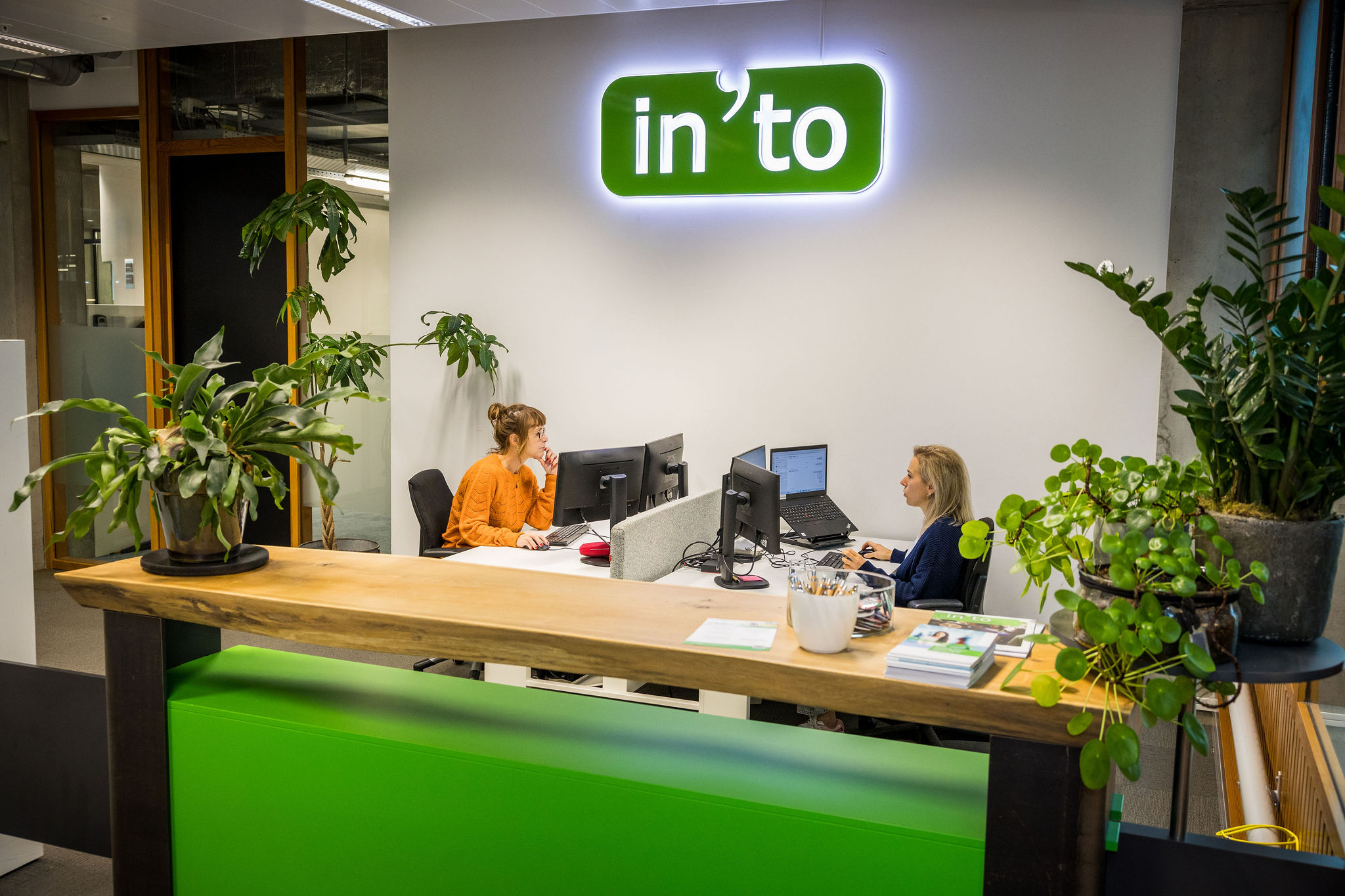 Twee medewerkers zitten achter hun bureau op het kantoor van In'to