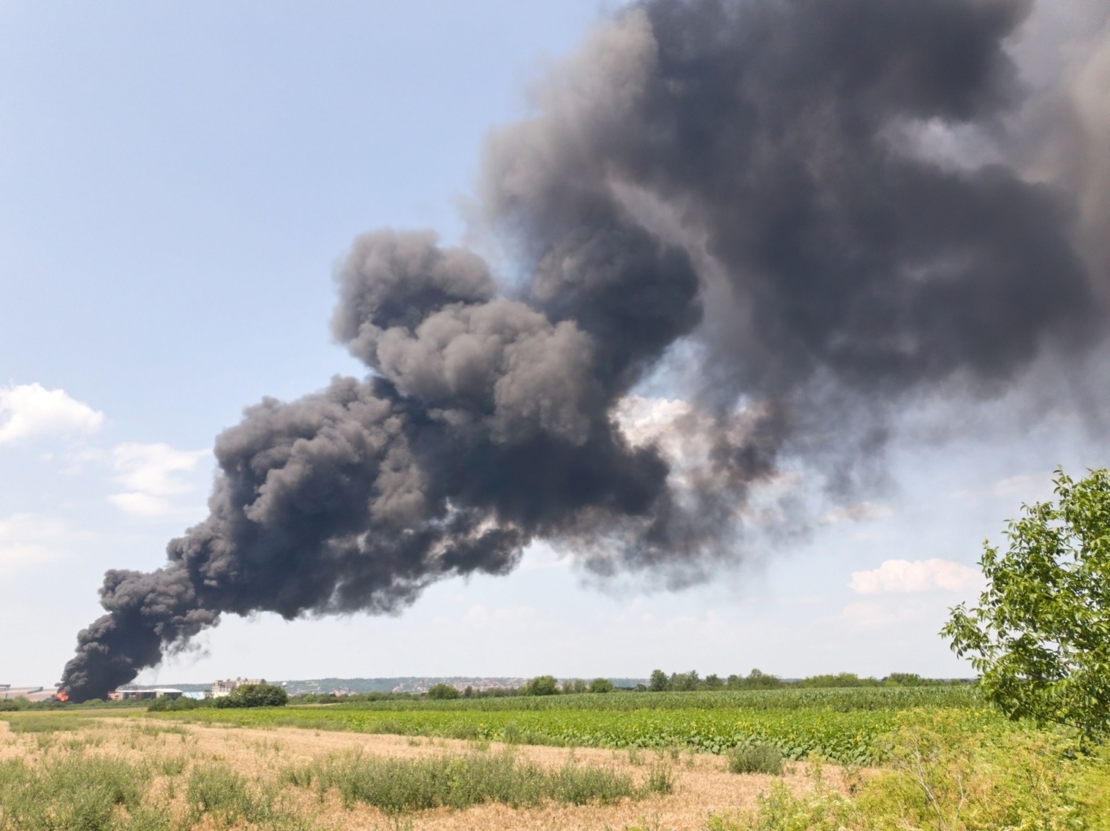 Big fire with smoke in rural countryside landscape
