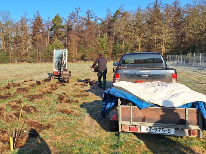 Kastanjebomen worden geplant in een proefveld. In het veld staat een auto met aanhangwagen, een kraan en een meneer met een grondboor.