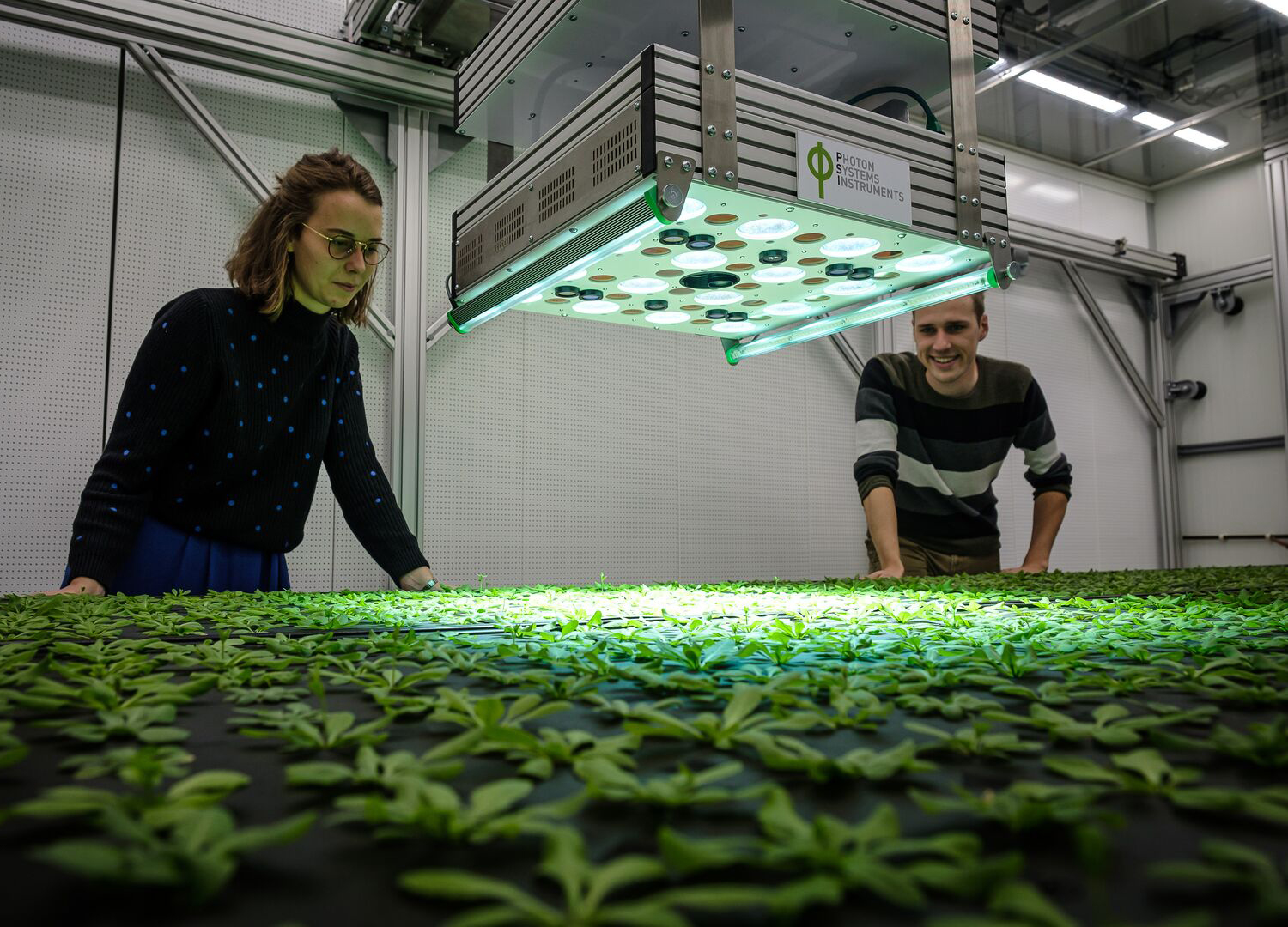 Een vrouw en een man kijken naar een jonge plantjes onder een photon lichtsysteem