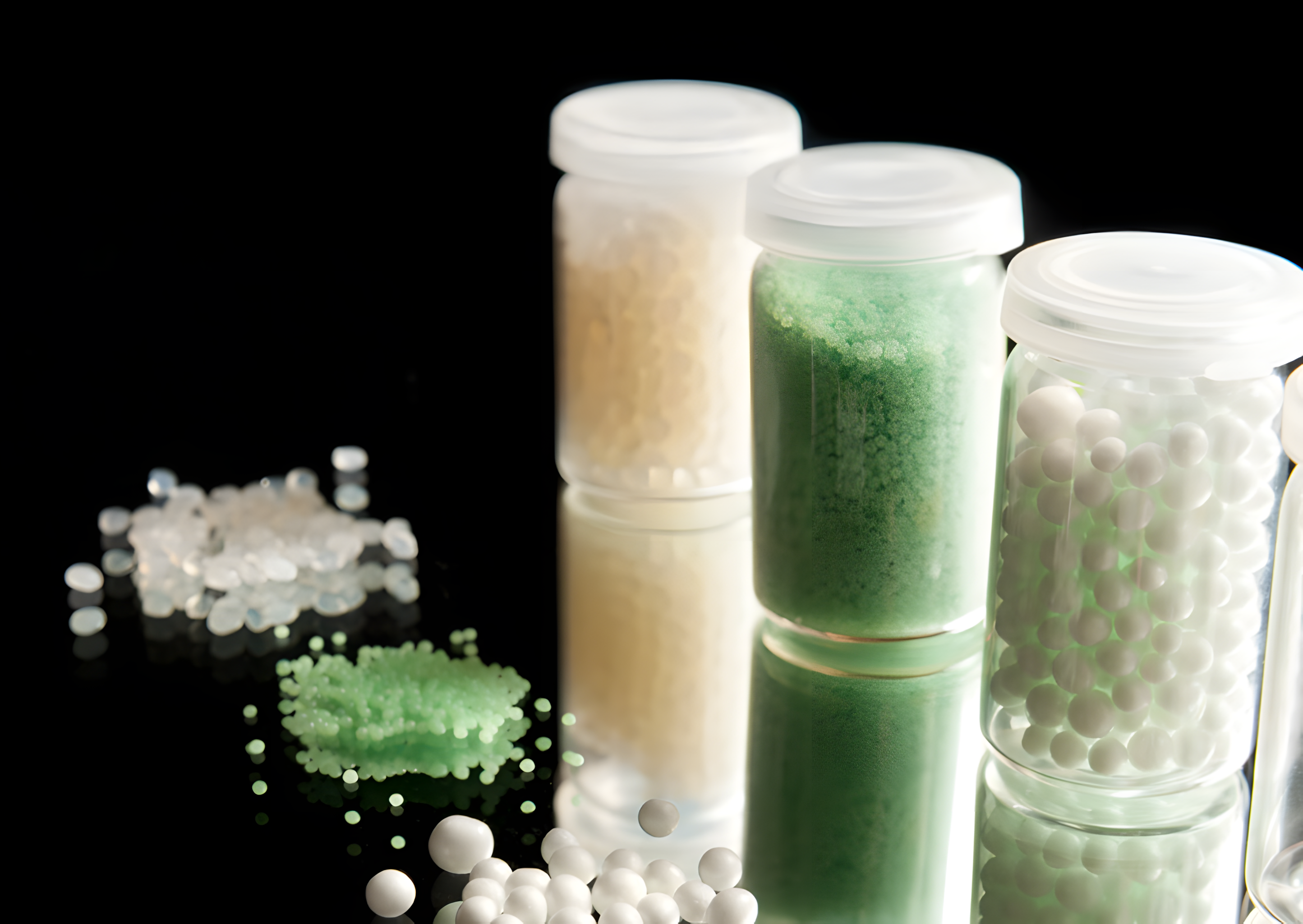 Drie verschillende kleuren en korrelgroottes van bioplastics in transparante plastic bakjes en in kleine hoopjes buiten de bakjes.