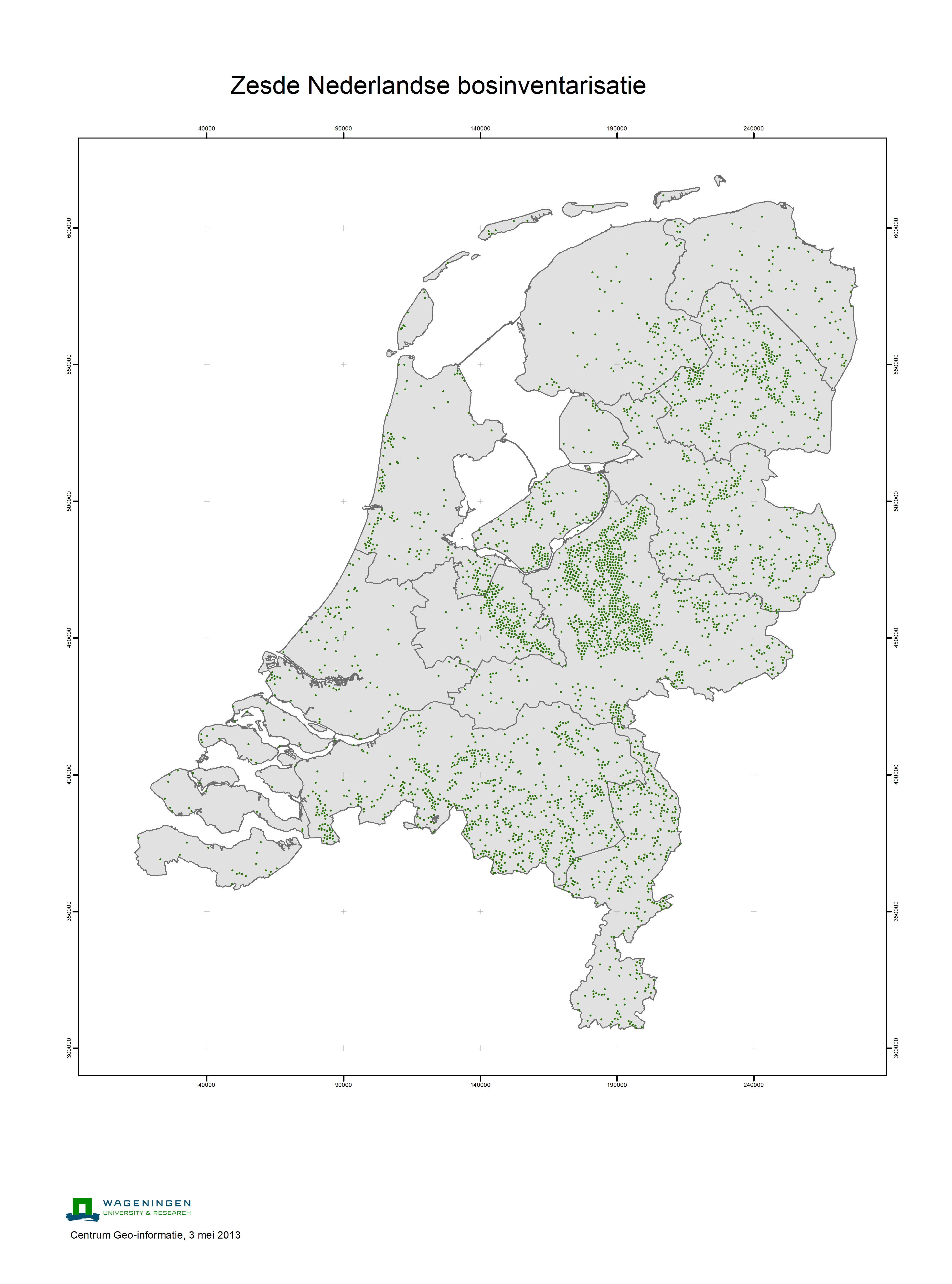 Kaart met steekproefpunten zesde Nederlandse Bosinventarisatie
