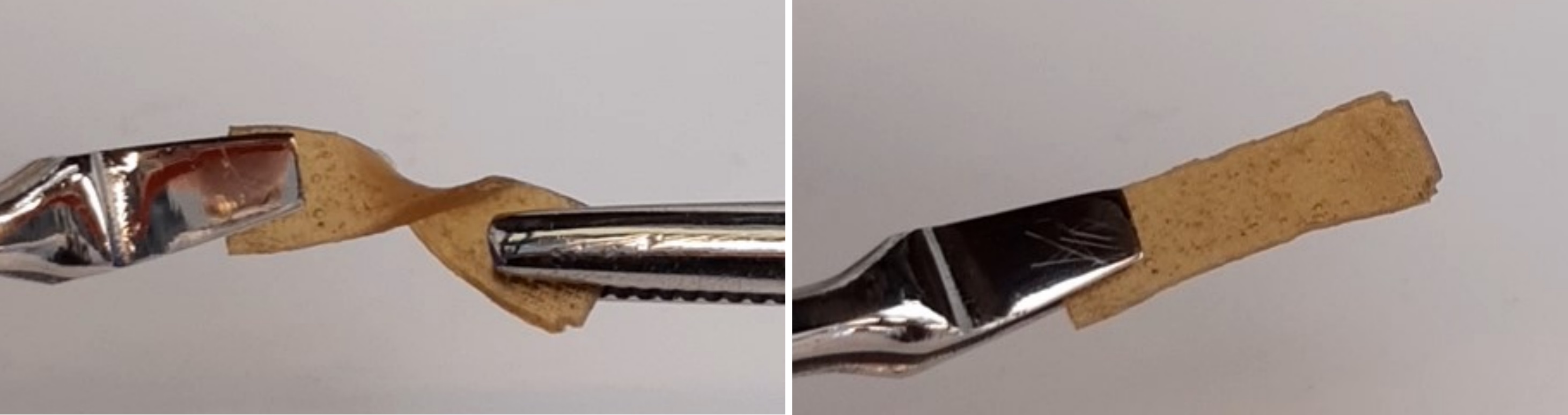 een close-up van een stukje compleximeer dat wordt vastgehouden met een pincet, in ongebogen staat, en een halve slag gedraaid met behulp van een pincet.