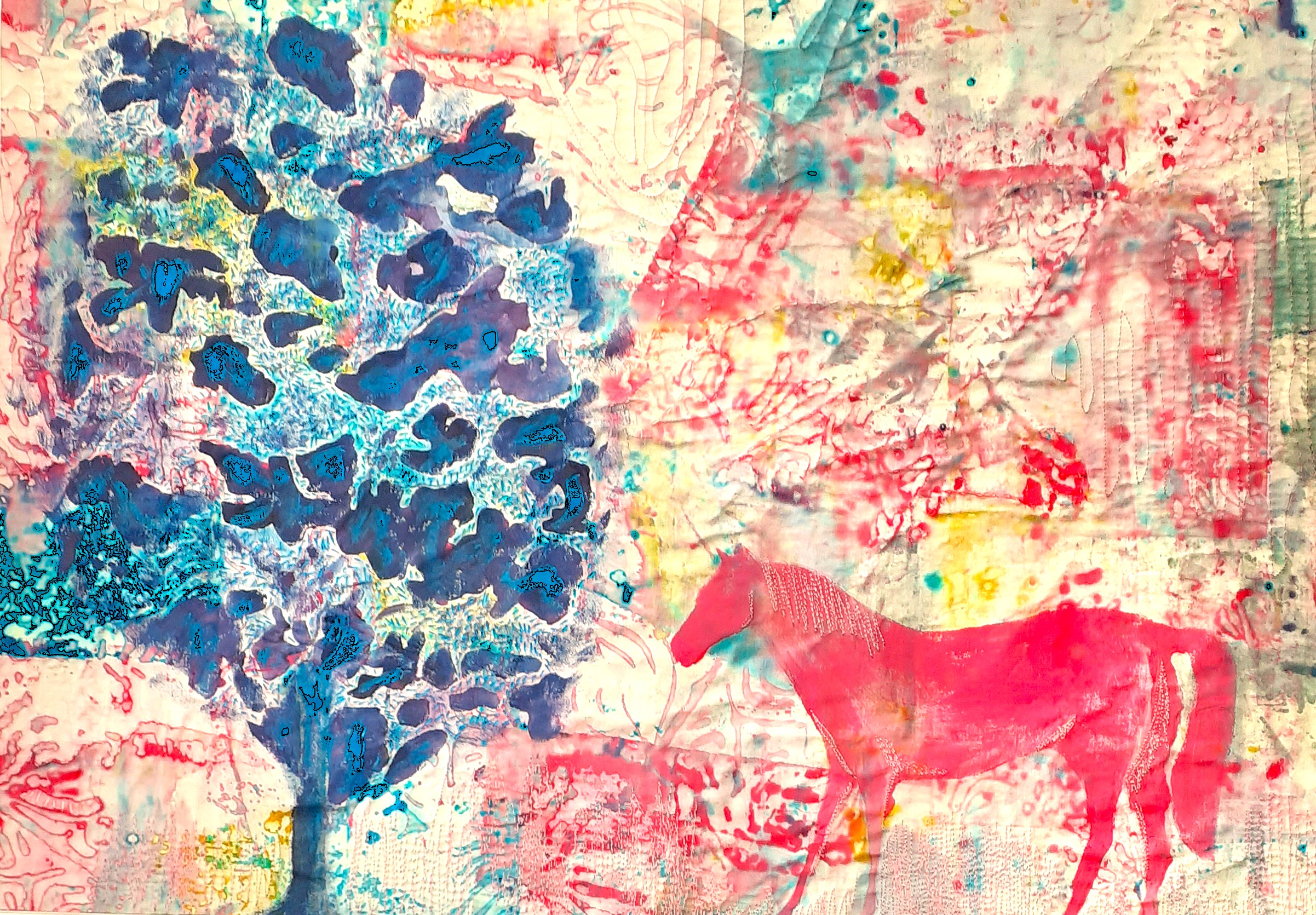 An abstract art work with a three and a horse
