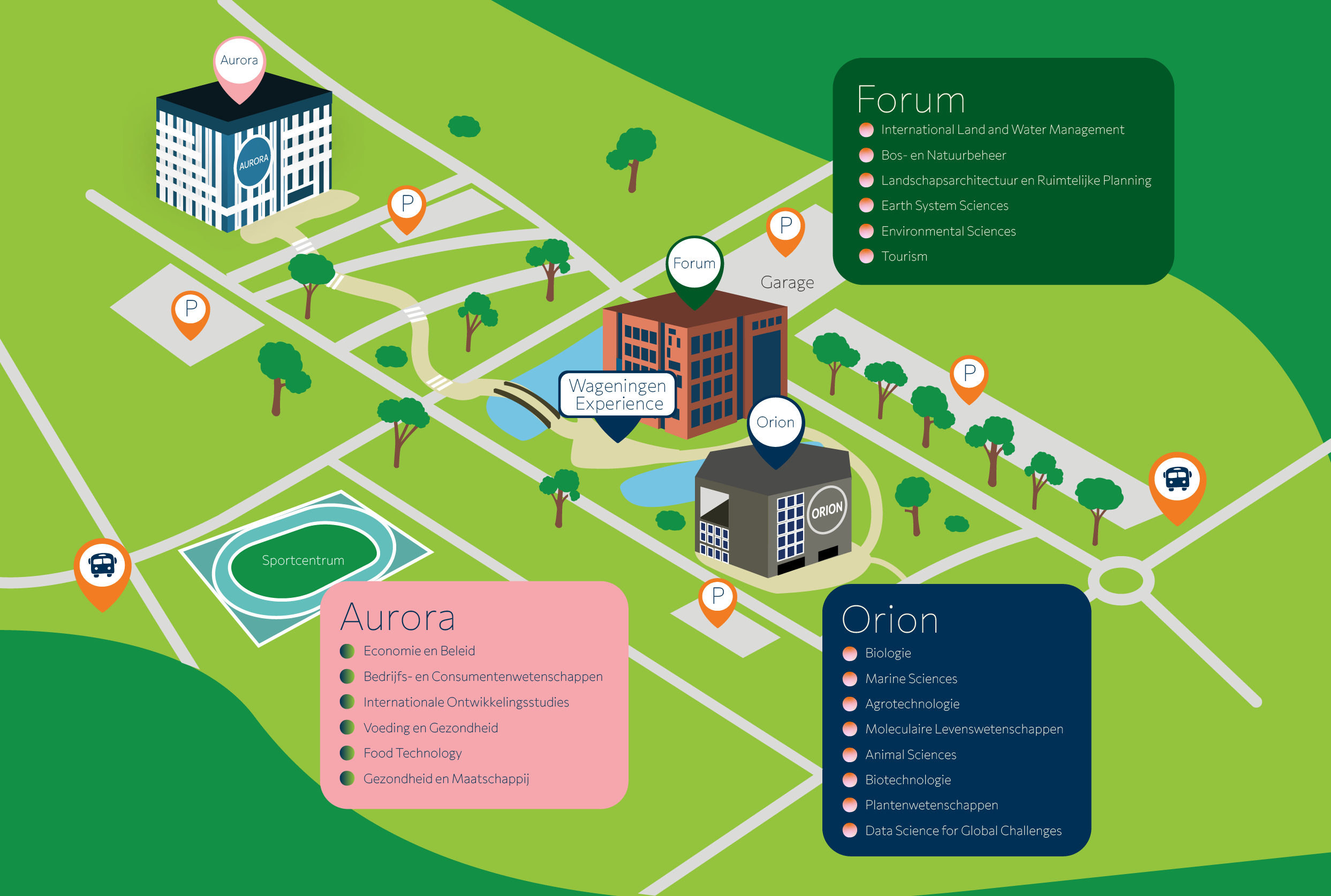 A visual guide to the campus layout and parking spaces around the buildings, with bus stops at the northeast and southwest of the campus.