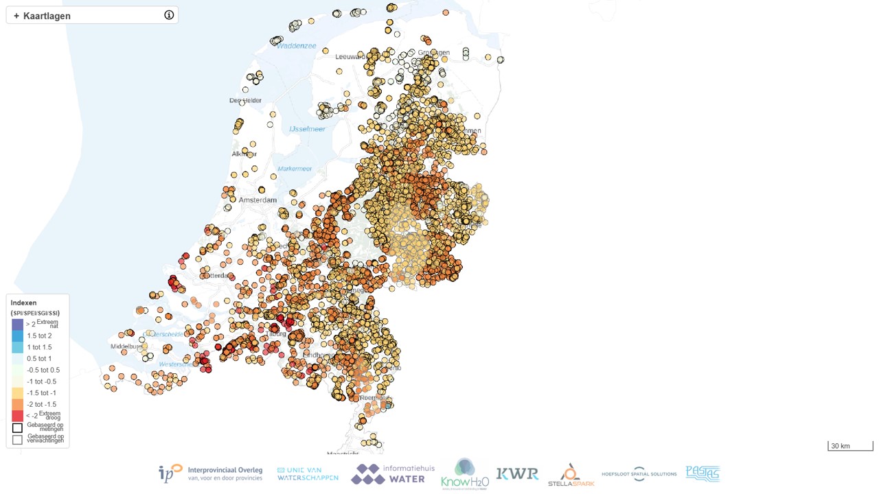 Figuur 2: Actuele 'Standardized Groundwater Index' (SGI). De SGI geeft aan in hoeverre grondwaterstanden boven of onder het langjarig gemiddelde liggen; negatieve waarden laten zien dat de grondwaterstand vooral op de hoge zandgronden duidelijk lager dan normaal is