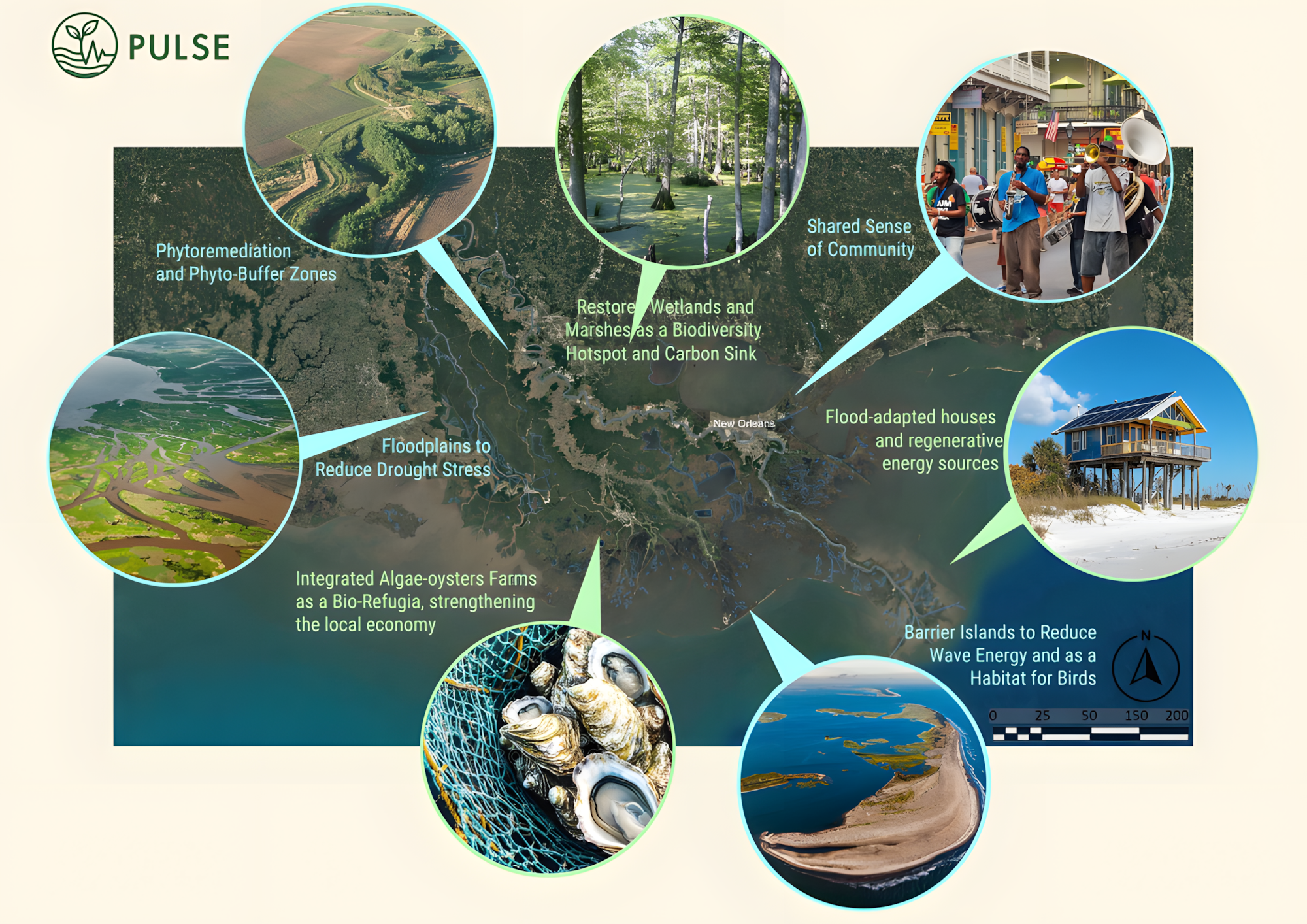 An overview of PULSE' suggestions for the delta heart and how to improve it with phytoremediation, restoring wetlands and marshes as a biodiversity hotspot/carbon sink, turn the houses flood adapted, adding a border of barrier islands and floodplains.