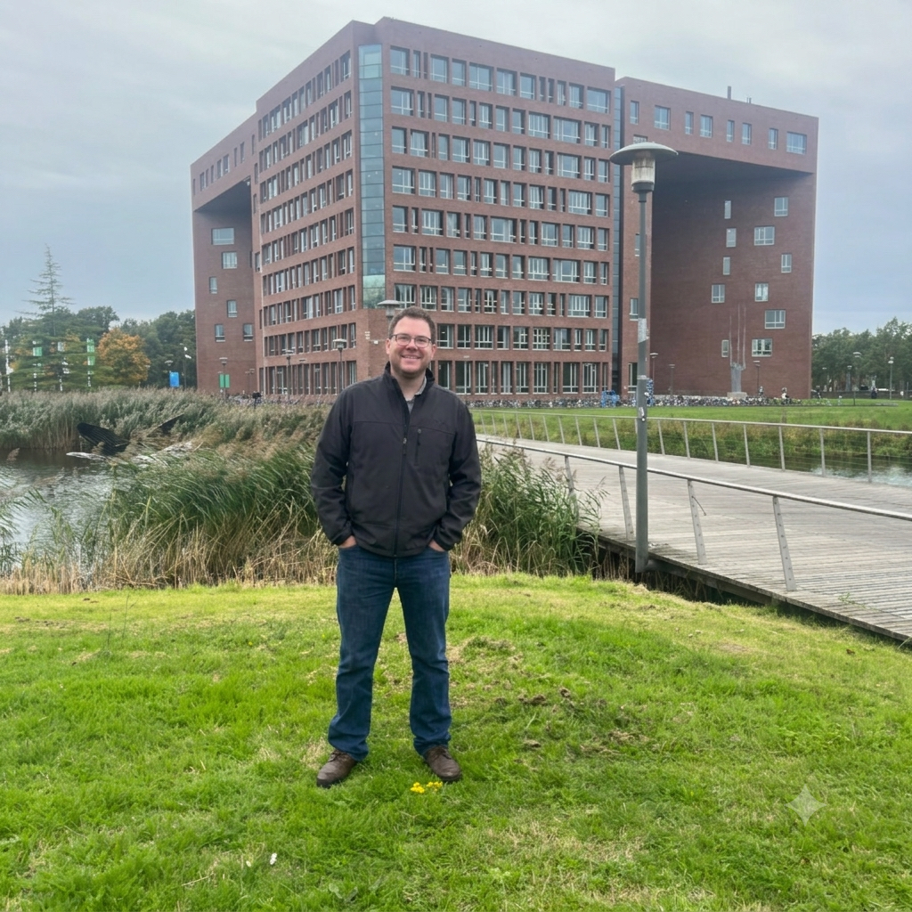 guy standing in front of university building on green field