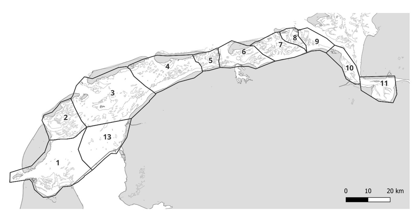 Kaart van de Waddenzee boven Nederland waarin genummerde deelgebieden zijn aangegeven
