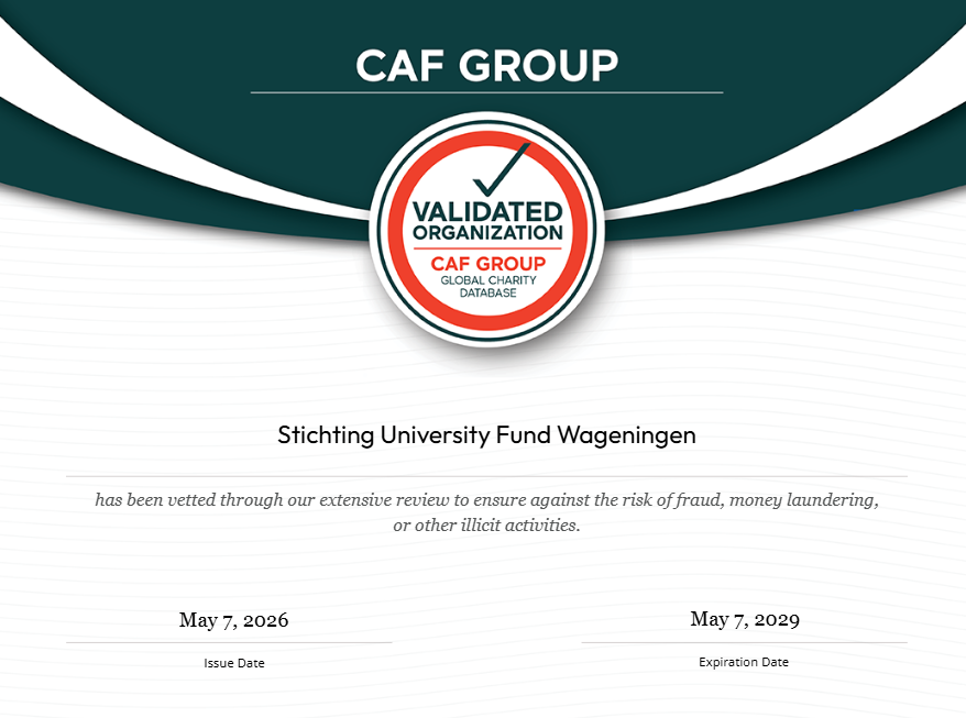 Certificate of the CAF group stating that University Fund Wageningen is a validated organisation
