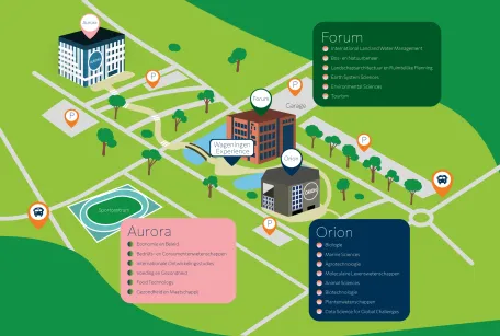 A visual guide to the campus layout and parking spaces around the buildings, with bus stops at the northeast and southwest of the campus.