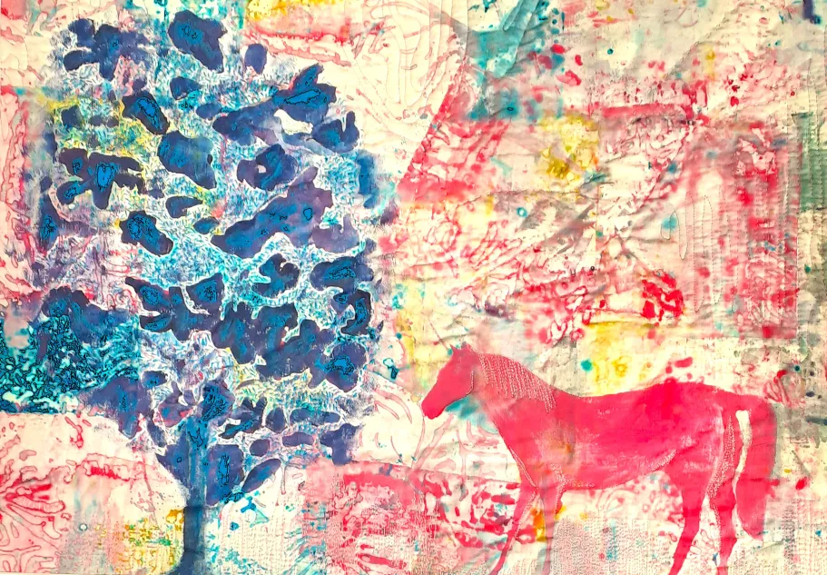 An abstract art work with a three and a horse