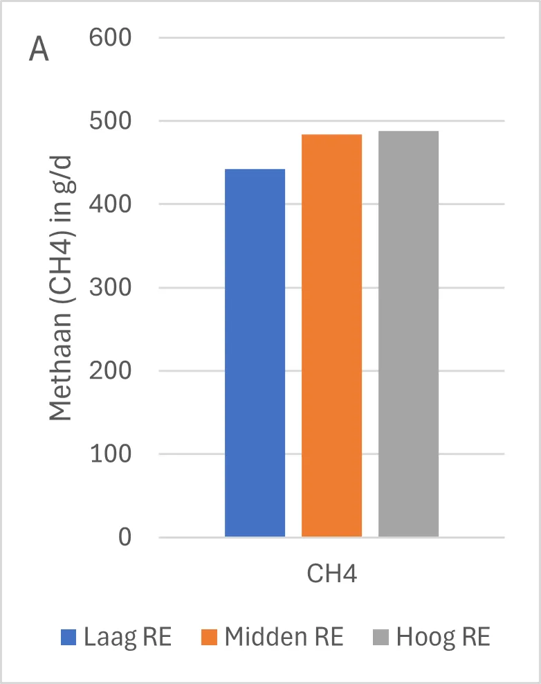 Methane (CH₄) production in total (A) and relative to milk production and feed intake (B) of dairy cows fed rations with different protein levels of 133 (Low CP), 143 (Medium CP) and 154 (High CP) g CP per kg dry matter.