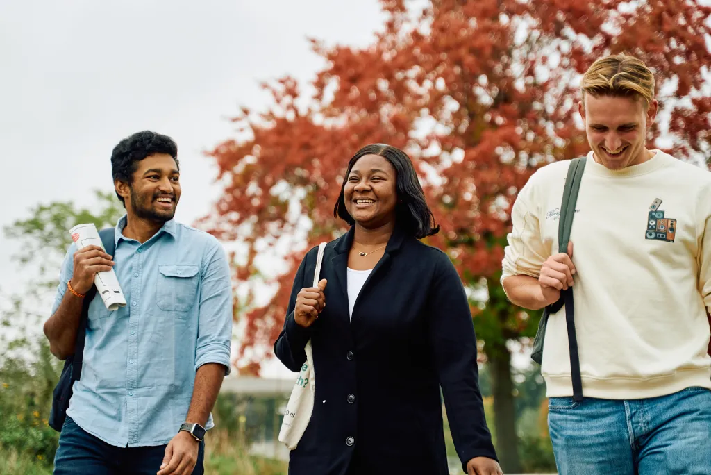Drie studenten wandelen over de campus met herfstbladeren op de achtergrond