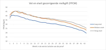 Figuur 2: Vet en eiwit gecorrigeerde melkgift (FPCM) van koeien met verschillende eiwitgehaltes in het rantsoen (Laag: 13.3%; Midden 14.3%; Hoog: 15.4%) tijdens de eerste lactatie (44 weken) van de proef.