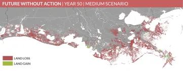 A map showing severe potential land loss on the south-eastern US coastline with very little gain in the next 50 years.