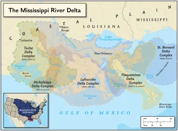 A map of the Mississippi River Delta by the coastline showing  showing the Teche Delta (6000-2500BP), Atchafalaya Delta  (1850 to present), Lafourche Delta (3500x400BP), Plaquemines Delta (1000BP to present) and St. Bernard Delta (4600-700 BP).