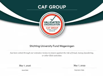 Certificate of the CAF group stating that University Fund Wageningen is a validated organisation